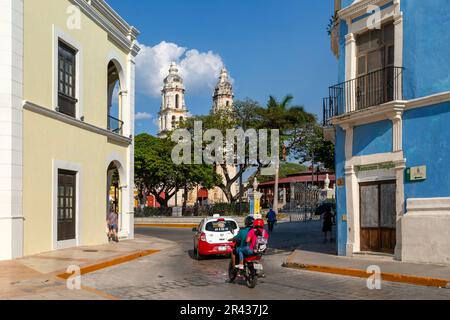 View to cathedral church framed by Spanish colonial buildings, Campeche city, Campeche State, Mexico Stock Photo