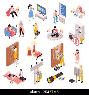 Isometric power outage set with isolated characters of people during blackout and working technicians with flashlights vector illustration Stock Vector