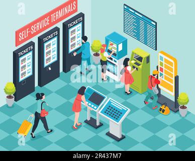 Isometric self service composition with indoor view of mall booth with atms and touchscreen ticketing machines vector illustration Stock Vector