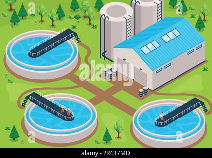 Isometric water purification technology composition with outdoor scenery of forest with aeration units and human workers vector illustration Stock Vector