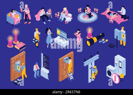 Isometric power outage set on blue background with isolated icons of power panels technicians and consumers vector illustration Stock Vector