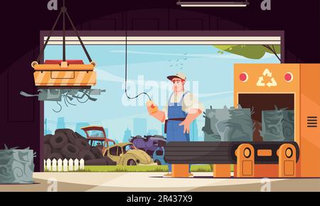 Car dump cartoon concept with worker operating auto crushing machine vector illustration Stock Vector