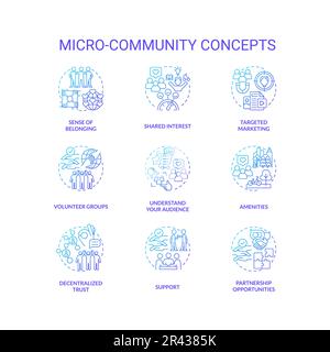 Micro community blue gradient concept icons set Stock Vector
