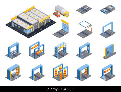 Isometric automated car washing set with isolated icons of platforms and frames with moving brushes rolls vector illustration Stock Vector