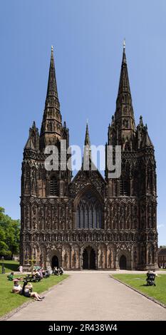 The West front of Lichfield Cathedral. With it's wonderful Gothic architecture. Lichfield Cathedral is a popular tourist destination. Stock Photo
