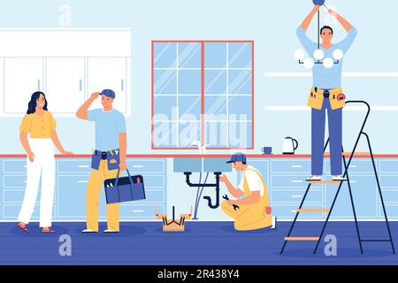 Home renomation flat composition with plumber fixing pipes vector illustration Stock Vector