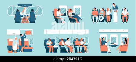 Airplane interior flat icons set with passengers and aircraft staff isolated vector illustration Stock Vector