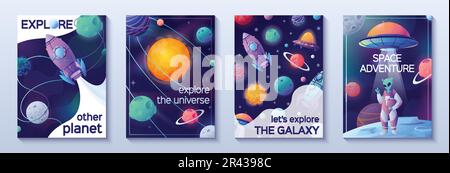 Space cartoon banners set of four vertical posters with text exploring universe and space adventure images vector illustration Stock Vector