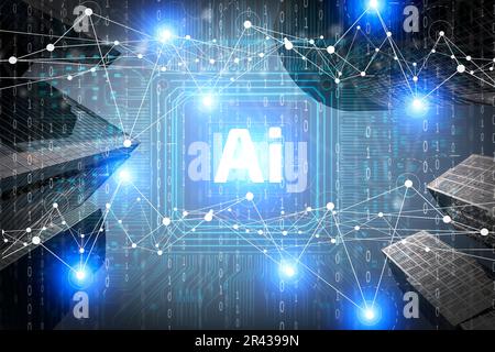 Ai technology city landscape. Futuristic big data city with transport, business, technology network. . High quality photo Stock Photo