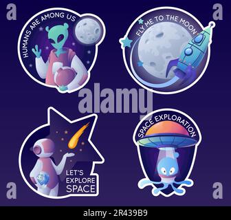 Space cartoon emblems stickers set with isolated compositions of rocket spaceman and alien images with text vector illustration Stock Vector