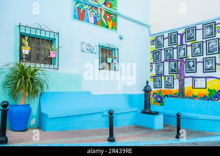 Calpe, Spain - April 14, 2023: View to cozzy empty street with colorful houses in historic center Calpe old town. Calpe, Alicante province, Valencian Stock Photo