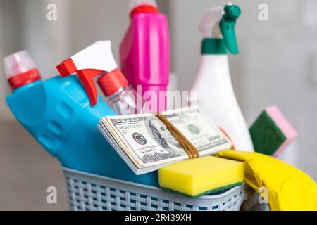 Eco brushes, sponges and rag in cleaning basket. Cleaner concept on white background Stock Photo