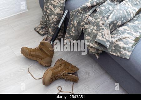 Soldier Artificial Prosthetic leg. War Stock Photo