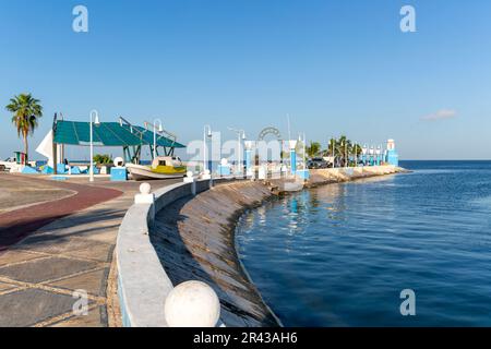 Modern archway at entrance to fishing port harbour, Campeche city, Campeche State, Mexico Stock Photo