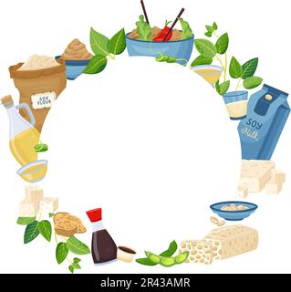 Flat style round frame with various soy products on white background vector illustration Stock Vector
