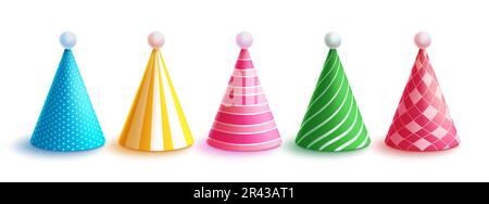 Birthday hat set vector design. Birthday party colorful hats collection isolated in white background. Vector illustration cone elements. Stock Vector