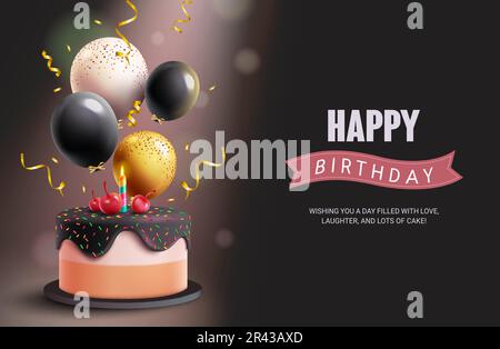 Happy birthday text vector template. Birthday cake with balloon and confetti elements in elegant background. Vector illustration greeting card design. Stock Vector