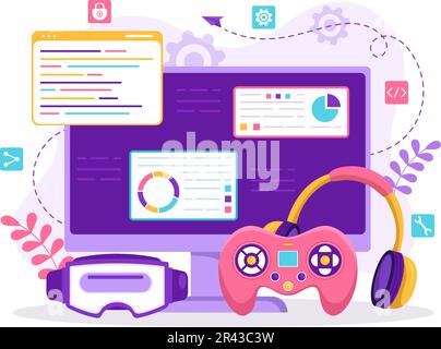 Video Game Development Vector Illustration with Games, Digital Technology, Programming and Coding in Flat Cartoon Hand Drawn Landing Page Templates Stock Vector