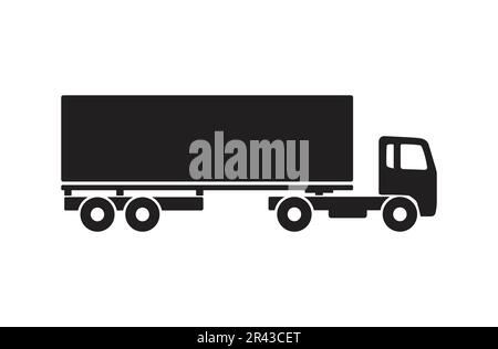 simple semi trailer flat nose container truck articulated black silhouette side view icon symbol vector isolated on white background Stock Vector