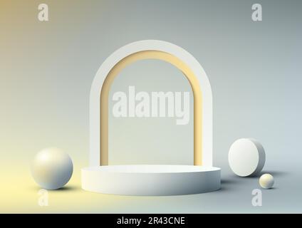 3D realistic mockup product display empty white podium with rounded frame backdrop decoration with geometric on gray background. Use for beauty cosmet Stock Vector