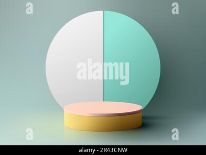 3D realistic modern minimal style empty yellow and pink podium stand with blue and white circle backdrop on blue background and natural lighting. You Stock Vector