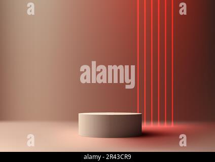 3D realistic modern style empty beige color podium stand with red neon laser lines on brown background and natural light. You can use for beauty cosme Stock Vector