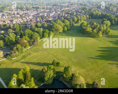 aerial view of horsham , horsham park football pitches in west sussex Stock Photo