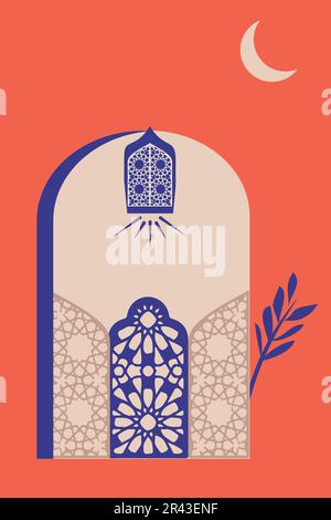 MInimalist and Islamic style. Moroccan scene. A Moroccan Palace, doors, windows and traditional craftsmanship. Vector illustration. Stock Vector