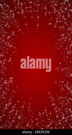 Magic falling snow christmas background. Subtle flying snow flakes and stars on christmas red background. Magic falling snow holiday scenery. Vertical Stock Vector