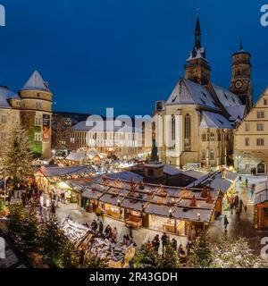 Christmas market in front of the collegiate church on Schillerplatz, Stuttgart, Baden-Wuerttemberg, Germany, Stuttgart, Baden-Wuerttemberg, Germany Stock Photo