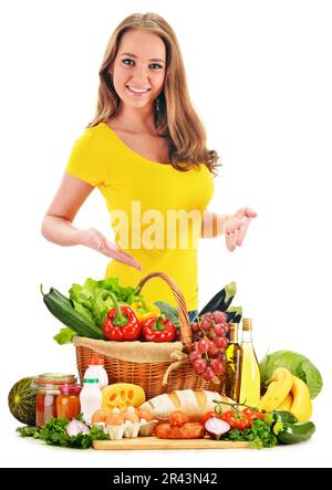 Assorted grocery products including vegetables fruits wine bread dairy and meat isolated on white Stock Photo