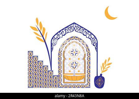 Moroccan scene, house, door, window and traditional mosaic pattern. Islamic window and gate shape set. Silhouette of Arabic door and window design. Stock Vector