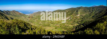 Panoramic high angle view of Palmar Valley, a fertile oasis within the Teno Mountains, a destination for travelers in search of natural beauty, tranqu Stock Photo