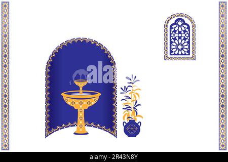 Moroccan scene, house, door, window and traditional mosaic pattern. Islamic window and gate shape set. Silhouette of Arabic door and window design. Stock Vector