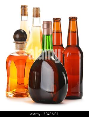 Assorted alcoholic beverages isolated on white Stock Photo