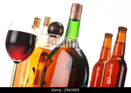 Assorted alcoholic beverages isolated on white Stock Photo