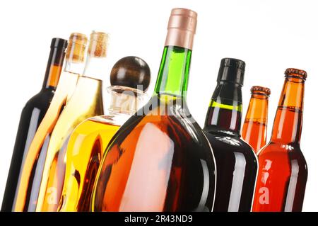 Assorted alcoholic beverages isolated on white Stock Photo