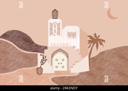 An Arab-Moroccan style house in mountainous landscapes. Bohemian wall decor. Mid century modern minimalist art for wall decor, postcard or brochure… Stock Vector