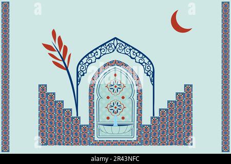 Moroccan scene, house, door, window and traditional mosaic pattern. Islamic window and gate shape set. Silhouette of Arabic door and window design. Stock Vector