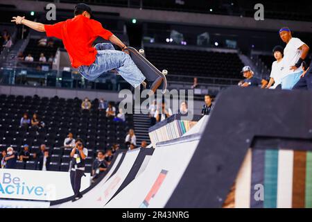 Tokyo, Japan. 26th May, 2023. Rinku Konishi (JPN) in action during the Men's Qualifiers competition during the skateboarding culture event ''Uprising Tokyo'' at Ariake Arena. The event showcases world-class skateboarders competing over three days to promote the skateboarding sport-culture blend. Rakuten Group is in charge of organizing the Uprising Tokyo event, which takes place from May 26 to 28. (Credit Image: © Rodrigo Reyes Marin/ZUMA Press Wire/Alamy Live News) EDITORIAL USAGE ONLY! Not for Commercial USAGE! Stock Photo