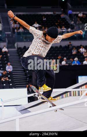 Tokyo, Japan. 26th May, 2023. Wankyo Sakamoto (JPN) in action during the Men's Qualifiers competition during the skateboarding culture event ''Uprising Tokyo'' at Ariake Arena. The event showcases world-class skateboarders competing over three days to promote the skateboarding sport-culture blend. Rakuten Group is in charge of organizing the Uprising Tokyo event, which takes place from May 26 to 28. (Credit Image: © Rodrigo Reyes Marin/ZUMA Press Wire/Alamy Live News) EDITORIAL USAGE ONLY! Not for Commercial USAGE! Stock Photo