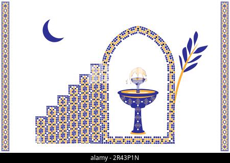 Moroccan scene, house, door, window and traditional mosaic pattern. Islamic window and gate shape set. Silhouette of Arabic door and window design. Stock Vector