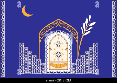 Moroccan scene, house, door, window and traditional mosaic pattern. Islamic window and gate shape set. Silhouette of Arabic door and window design. Stock Vector