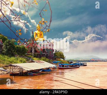 Beautiful sunrise on the Mekong River with boats, Thailand-Laos border,thailand. Stock Photo