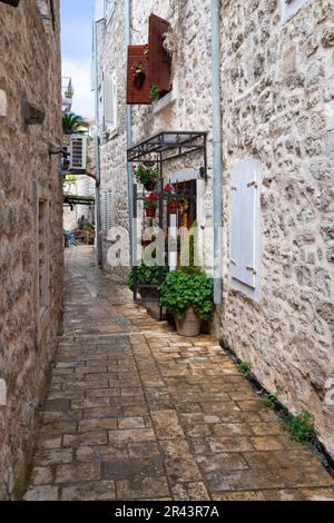 Historic alleys and squares in the old town, Budva, Montenegro Stock Photo