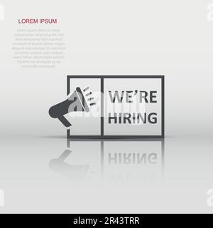 We're hiring icon in flat style. Job vacancy search vector illustration on white isolated background. Megaphone announce business concept. Stock Vector