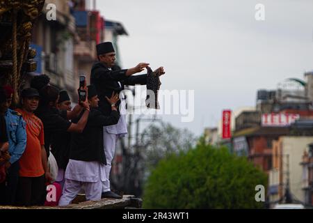 A Nepalese Guthi Sansthan member displaying the black jewel-studded Bhoto of the “God of Rain” Rato Machhindranath to the public from the chariot of t Stock Photo