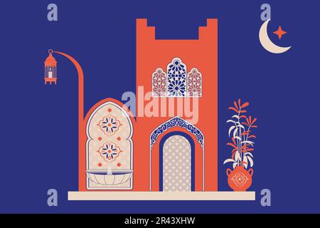 Creative minimalist abstracts. House or mosque facade with water fountain, hallway and portal with arch, indoor plants. Vector illustration. Stock Vector