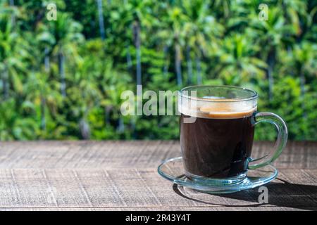 Glass mug of hot black coffee on wooden table with green palm trees background on summer day in tropical island, close up, copy space Stock Photo