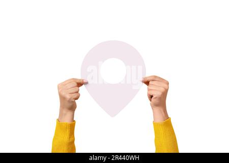 white map pointer 3d pin  in hand isolated on white background Stock Photo